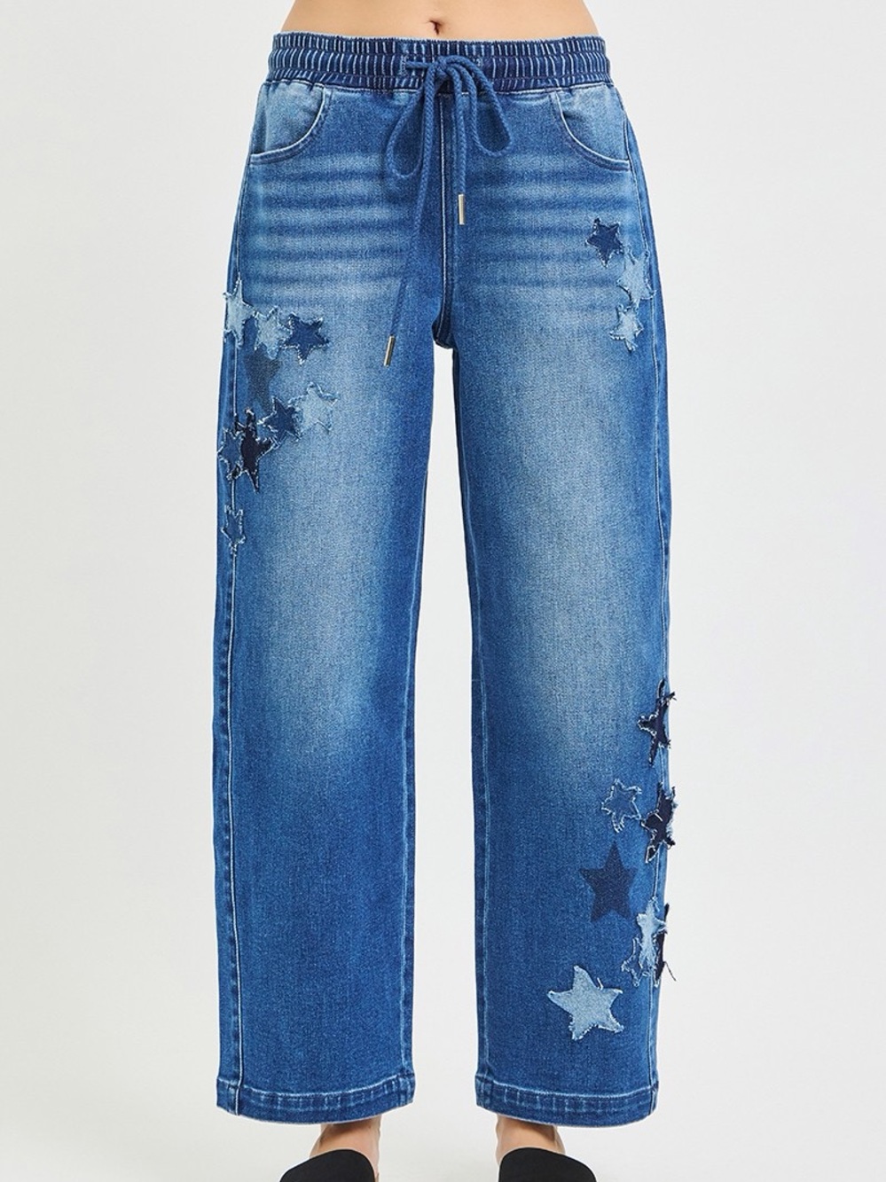 🩵 RISEN Elastic Band Slouchy Cropped Barrel Leg Jeans with Star Patch